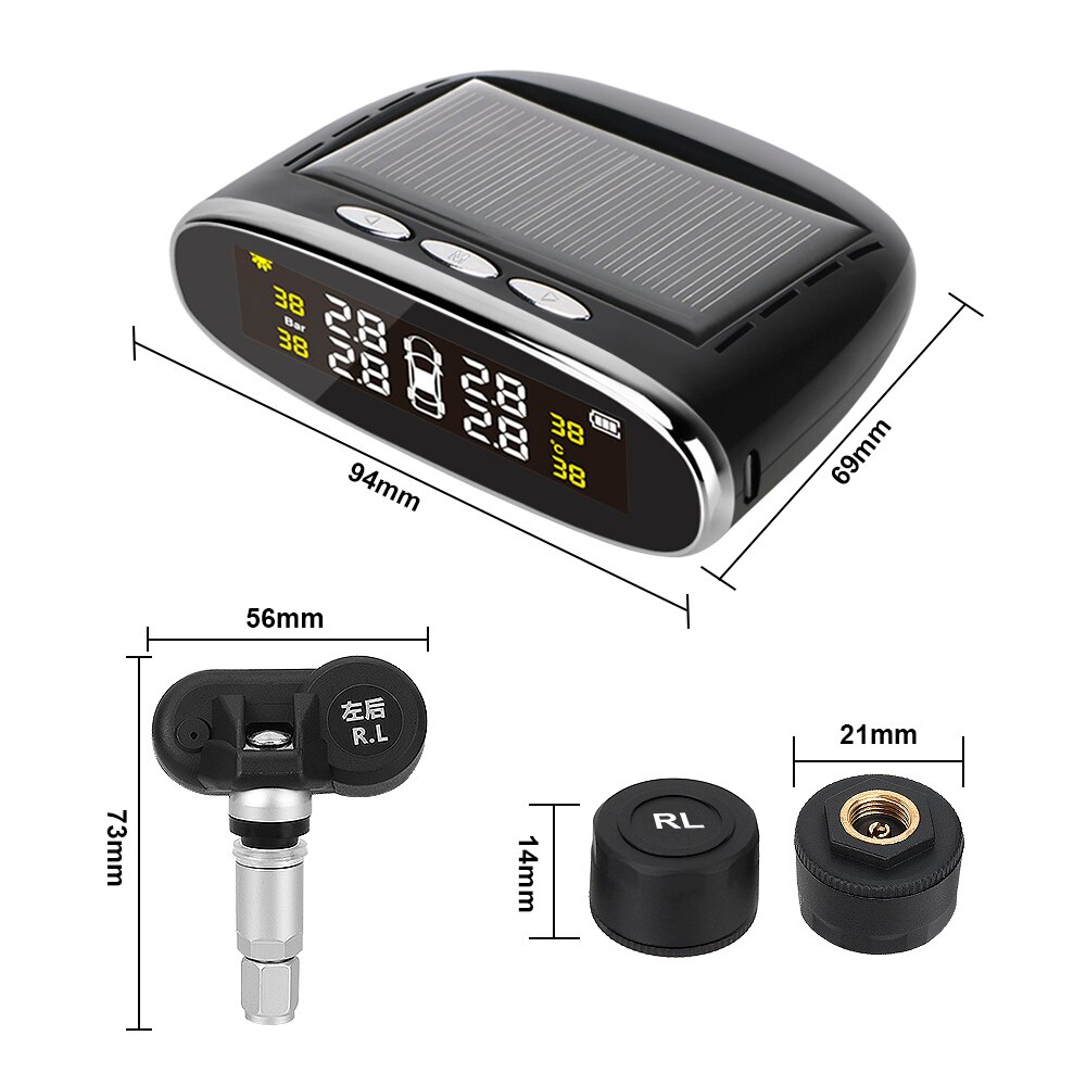 Car Tire Pressure Alarm Monitor System Temperature Alert Solar Power TPMS USB Solar Charging With 4 Internal/External Sensor