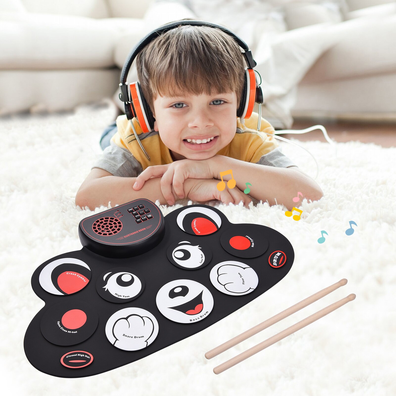 Portable Roll-up Electronic Drum Pad Silicon Digital Drum 9 Demo Songs 10 Rhythms Record 3.5mm Microphone Input