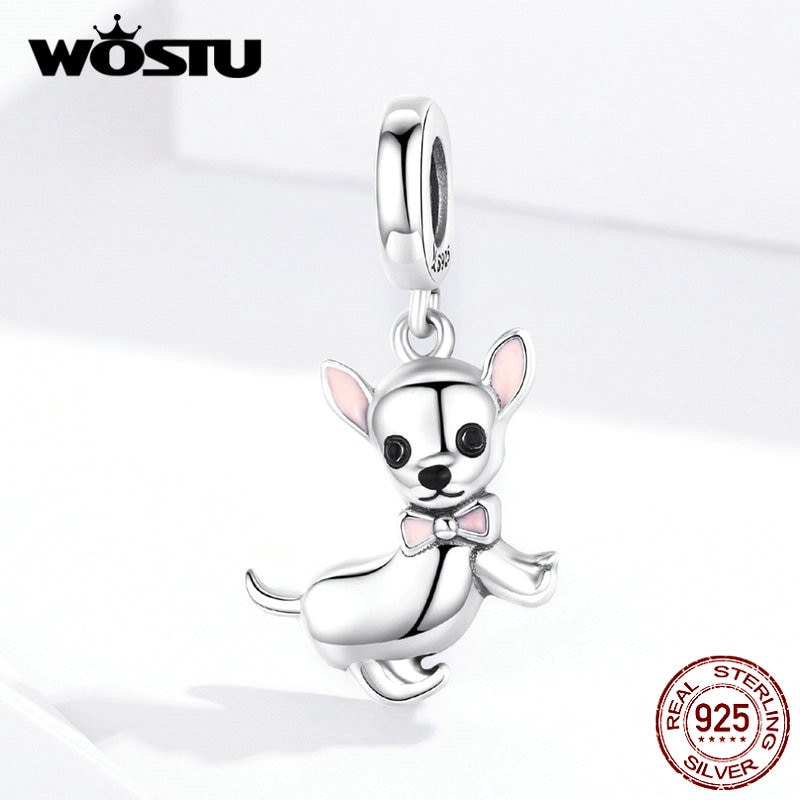 WOSTU Authentische 925 Sterling Silber Chihuahua Hund Charme passen Original Armbinde DIY Perlen Halskette Anhänger Schmuck, Der FIC1317