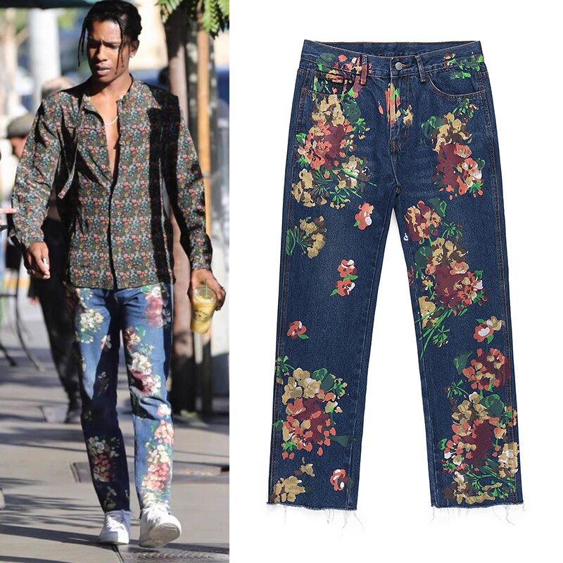 High Street Hand Painted Floral Jeans Mens Straight Oversized Retro Casual Denim Pants Loose Washed Ripped Jean Trousers