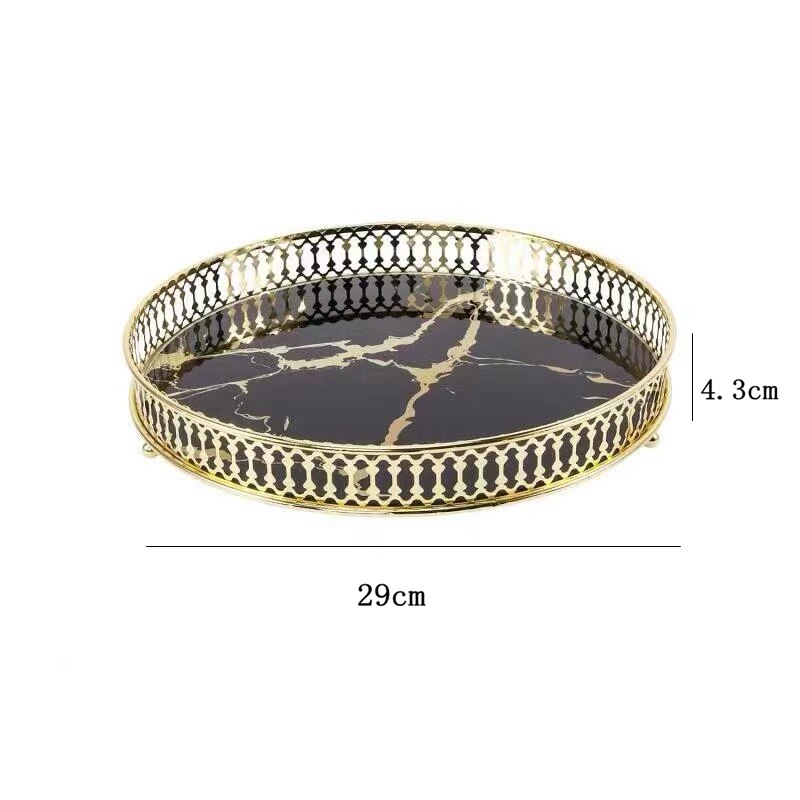 Shiny gold plated Round Serving Tray Jewelry Storage Luxury Marble Home Decoration Organizer Display: Default Title