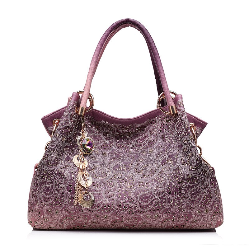 REALER Bolsos De Mujer ahuecados ombre estampado floral bolsos de hombro tipo bandolera bolsos de cuero de pu de las señoras bolso de mensajero de femenina: pink