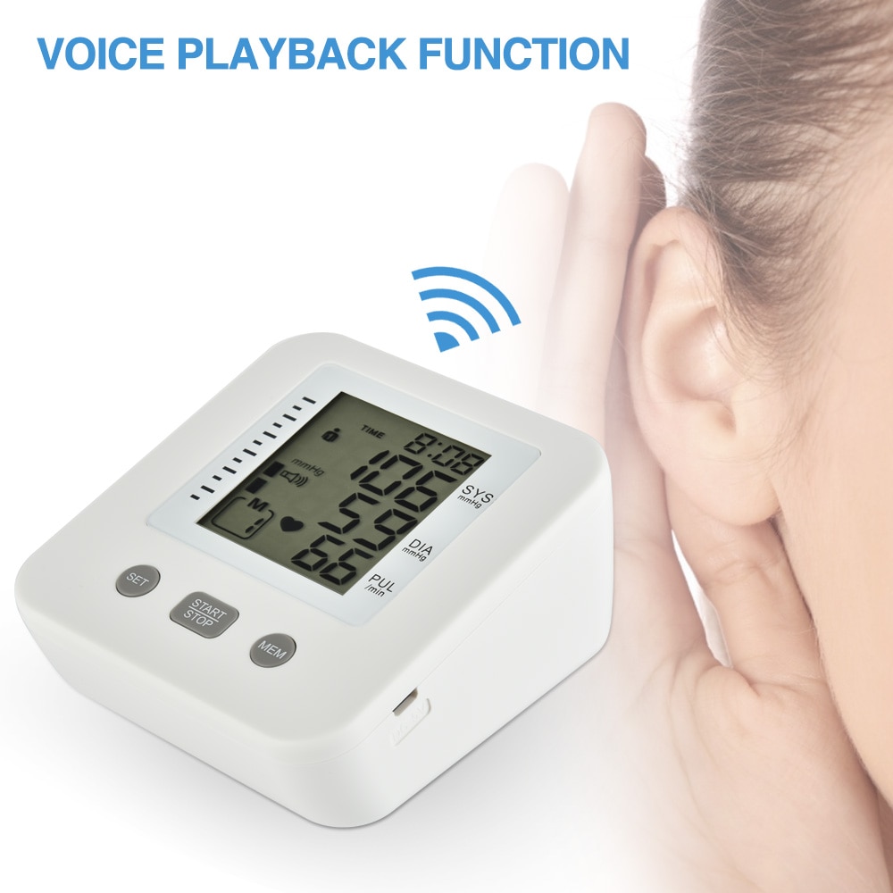 Electric Upper Arm Blood Pressure Monitor Digital Heart Beat Rate Pulse Meter Voice Alarm Automatic Blood Pressure Tonometer