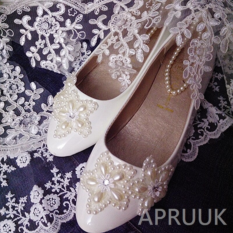 Ivoor Parels bruiloft schoenen bruid platte hak handgemaakte plus maten 41 42 43 dames bloem meisjes party dansen flats elastische bandjes