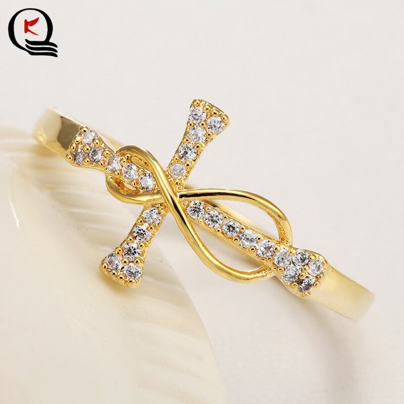 Classic Gold Color Cross Inlay White Crystal Rhinestone Finger Ring Women Engagement Wedding Party Jewelry Size 6 7 8 9 10 11