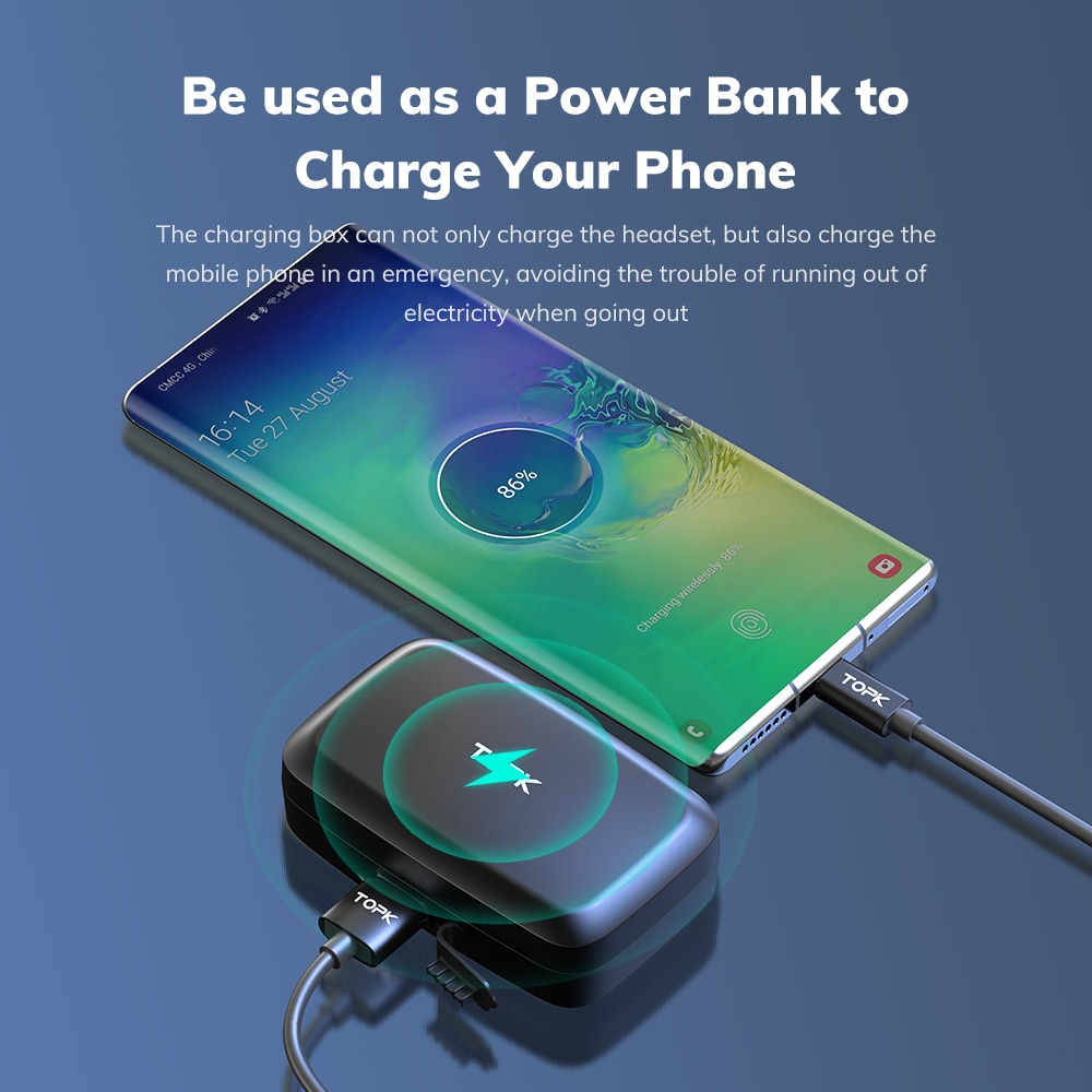 TOPK T10 Wireless Bluetooth Headphones V5.0 Fingerprint Touch Control Bluetooth Earphones with microphone 2000mAh Charging Box