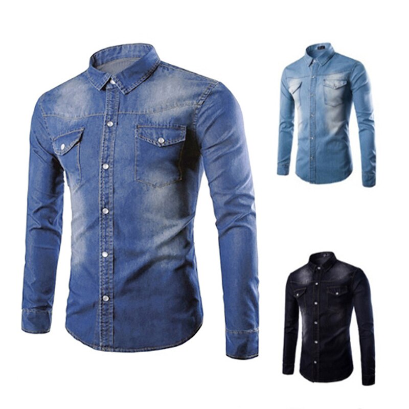 Mænds denim skjorter slim fit langærmet skjorte denim skjorte mænd casual slim fit knap skjorter med lomme herre skjorte