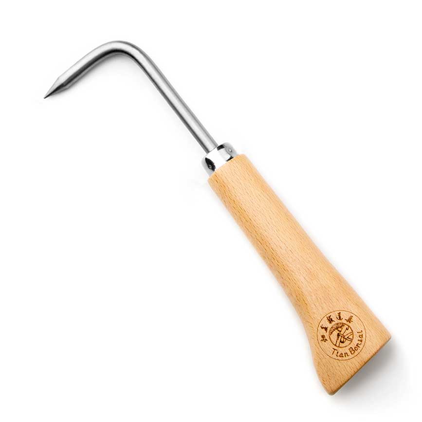 Gancho para herramientas para bonsái, 23 cm (9 "), mango de madera, gancho de acero inoxidable, resistente, muy firme y duradero, fabricado por Tian Bonsai: Marrón