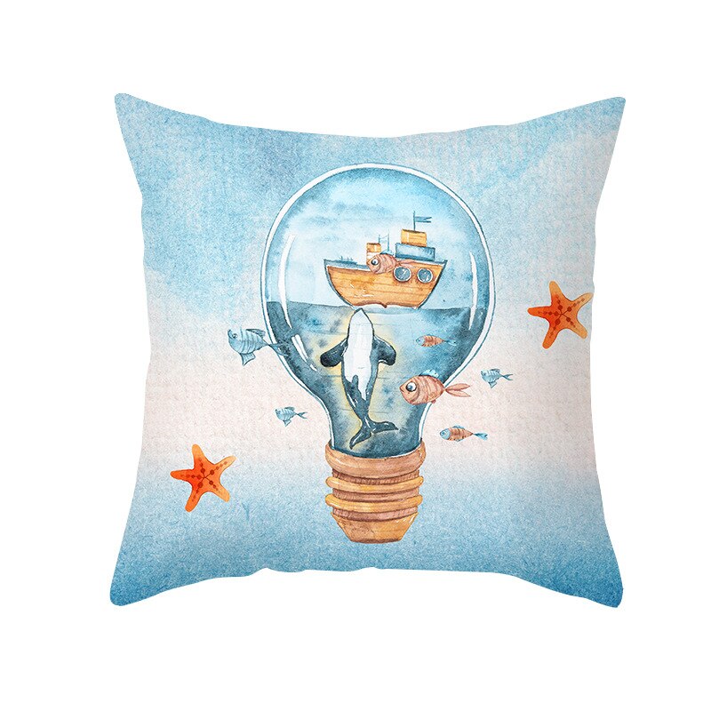 Taie d'oreiller de chambre à coucher pour bébé, 45x45cm, forme géométrique, fond de mer bleu océan, motif étoile de mer, dauphin: 6