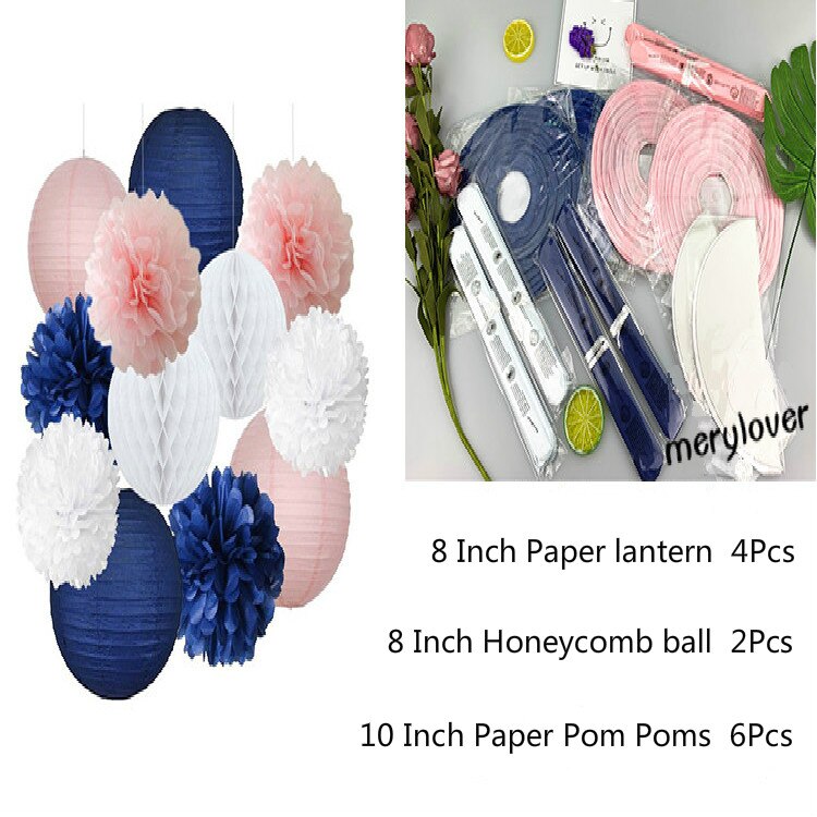 12pcs/set Mixed Paper Lantern Paper Honeycomb Ball Hanging Paper Pom PomsWedding Birthday Decor DIY Baby Shows Party Supplies: blue pink 12pcs