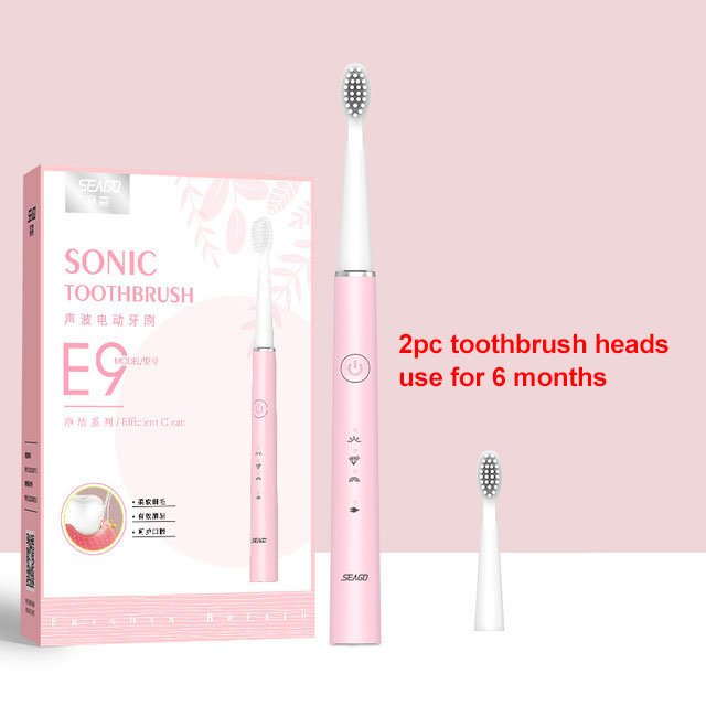 Seago Electric Toothbrush USB Rechargeable Sonic Tooth Brush for Female and Girl with 3 soft Brush heads box: Pink with 2pc heads