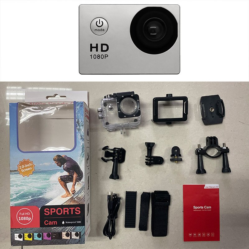 1080P Sport Camera HD 4 K/30fps Actie Camera voor Outdoor Sport Fietsen Motorfiets Bergbeklimmen Parachute voor Extreme sport: silver grey