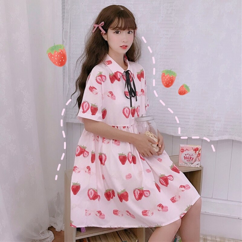 Vestido de verano estilo japonés de manga corta, falda holgada con dibujo de fresa para mujer
