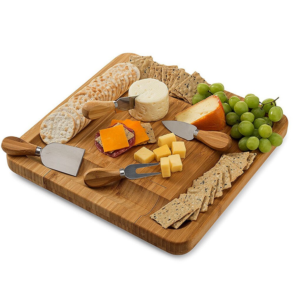 Bamboo Cheese Board with Cutlery Wood Charcuterie Platter Serving Meat Board with Slide-Out Drawer with 4 knife