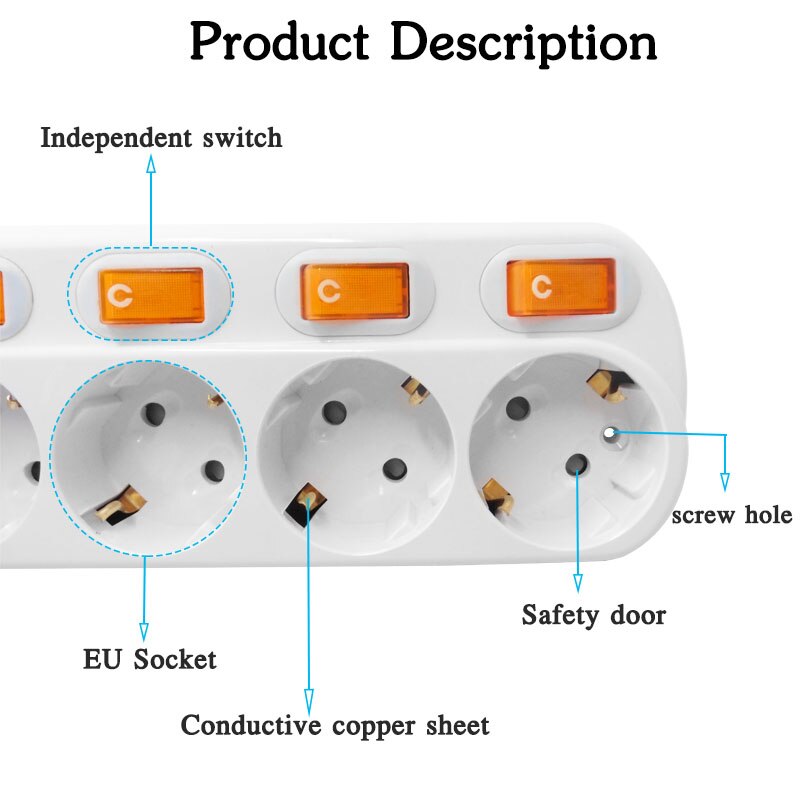 Power Strip Surge Protection 3 Outlets EU Socket Plug Electrical Extension Sockets Independent Switches 1.5/2.5m Cord