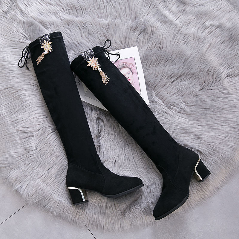 bottes hautes femme chevalier bottes sur le genou femmes chaussures d'hiver élastique cachemire troupeau glands talon carré chaussures femme: 40