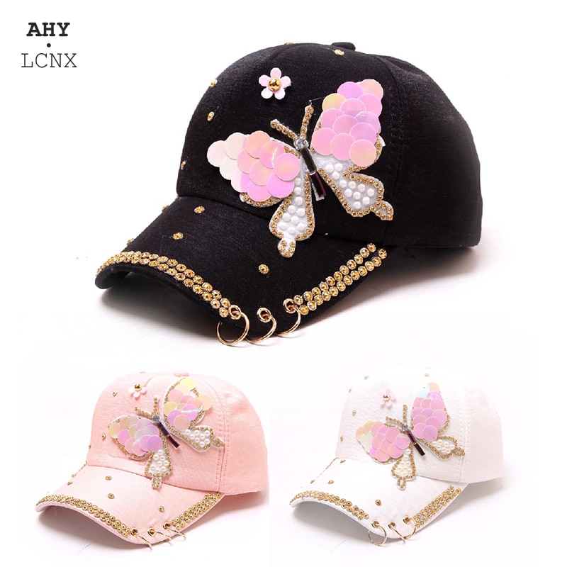 Autumn Women&#39;s Baseball Cap Women Full Crystal Colorful Big Butterfly Hat Cotton Shiny Metal Snapback Caps Hip Hop hats