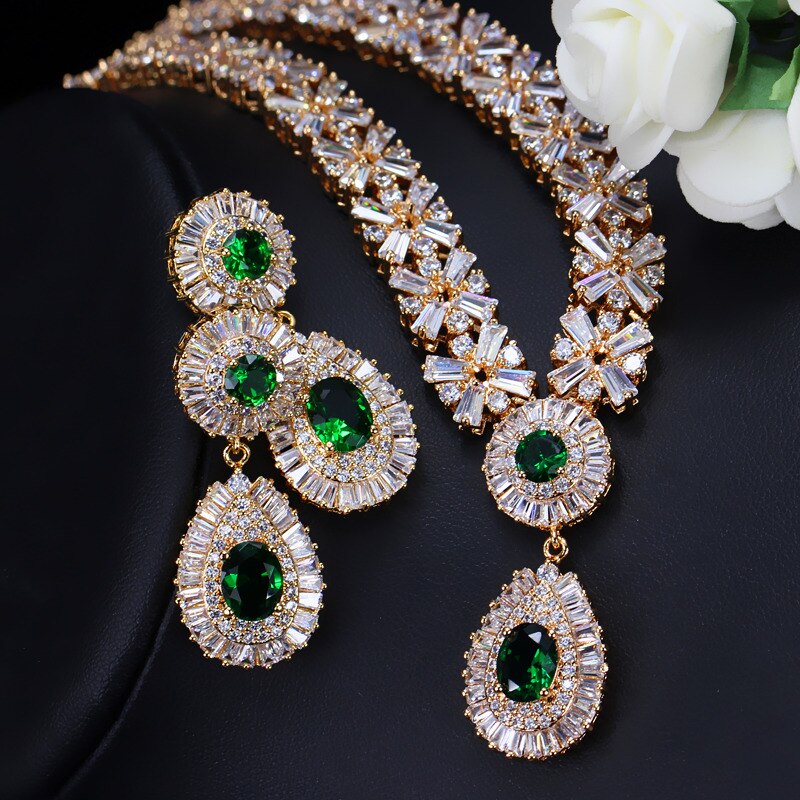 Threegraces Prachtige Zilveren Kleur Cz Grote Royal Blue Water Ketting Oorbellen Afrikaanse Sieraden Sets Voor Bruiden JS029: gold plated green