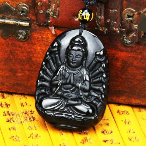 Natuurlijke Obsidiaan Avalokitesvara Guanyin Boeddha Boeddha Guanyin Kralen Hanger