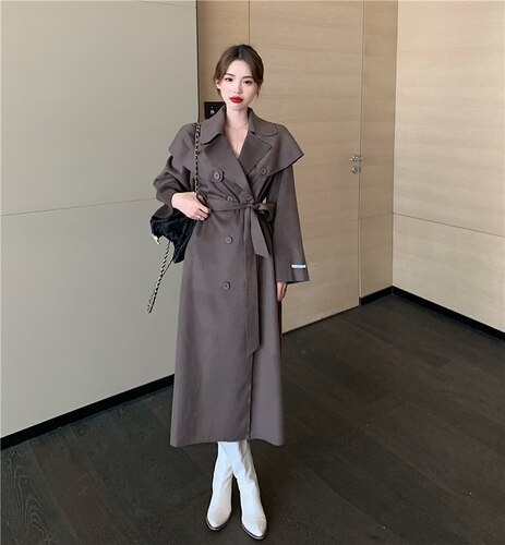 Chic Vintage blanc revers Double boutonnage Trench femmes à lacets longues taille manteau de laine automne hiver tempérament en vrac: coffee with belt