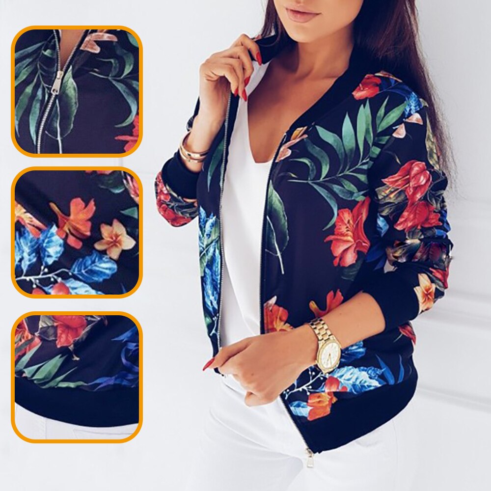 Women Floral Jackets Spring Summer Long Sleeve Zipper Print Bomber Jacket Casual Pocket Slim Female Outwears Plus Size