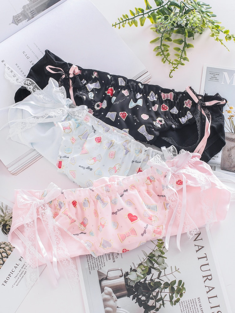 Japanese Lolita Women Sweet Panties candy Print Cute Bowknot Lace Breathable Underwear romantic Teen Girls Kawaii 3 Color Briefs