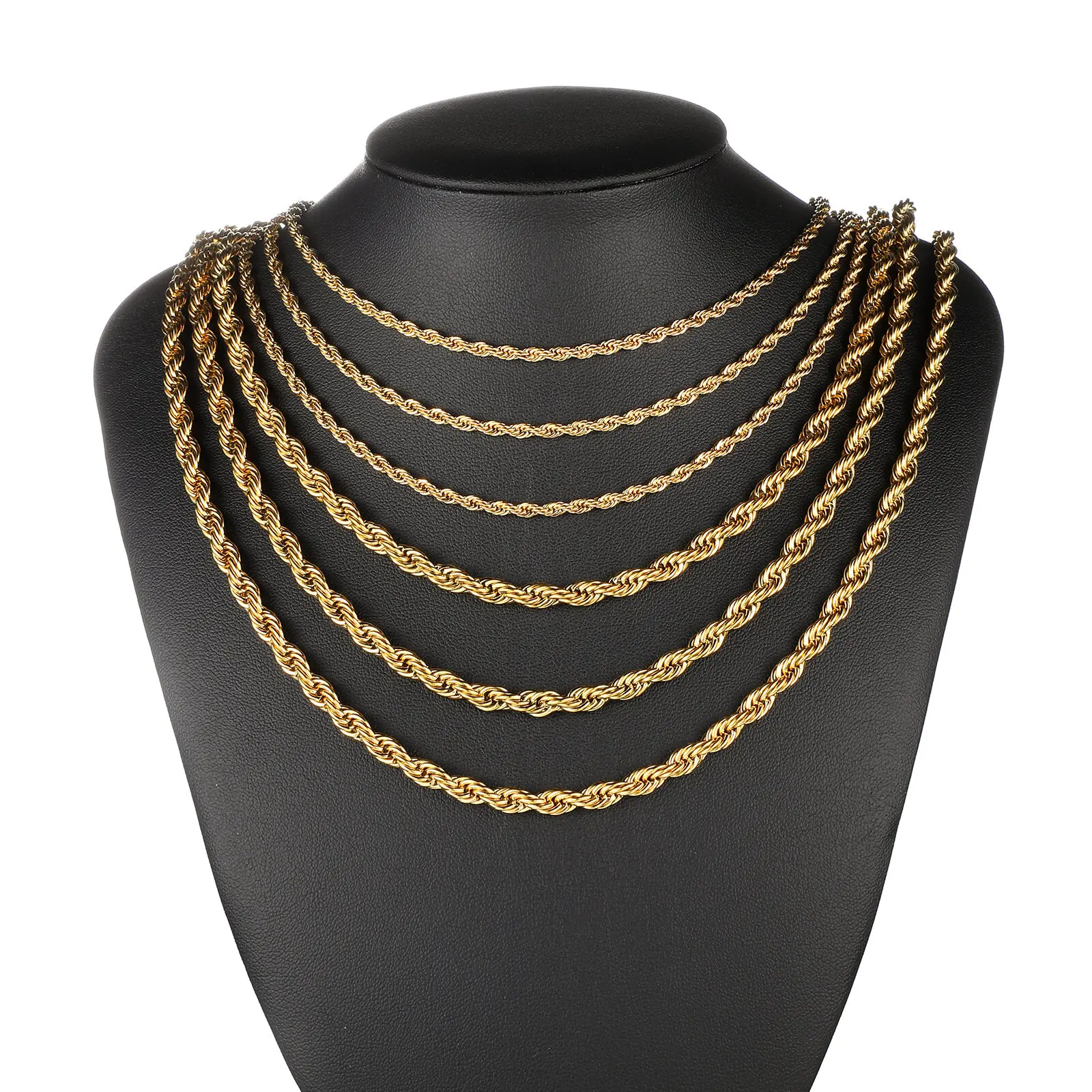 Collar de cadena de cuerda trenzada de Color dorado de 2-6MM, Gargantilla impermeable de acero inoxidable que nunca se decolora para hombres y mujeres, joyería de