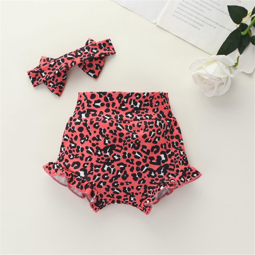 Pudcoco 2 stk/sæt babypiger leopardshorts + pandebånd bomuld spædbørn børn flæser korte bukser sommertøj sæt
