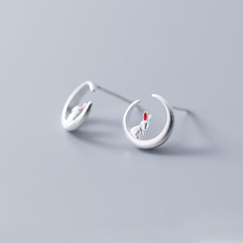 MloveAcc romantyczny 925 kolczyki sztyfty ze srebra wysokiej próza pomocą dla kobiet piękny królik siedzi na księżycu szterling-srebrny-biżuteria