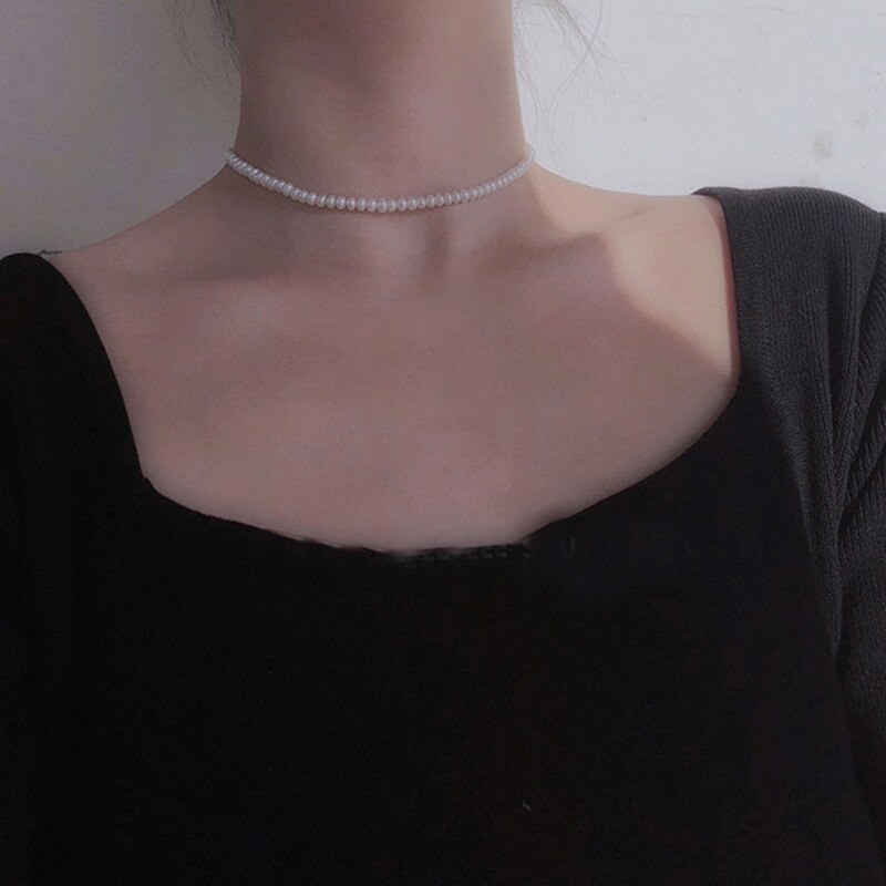 Jahrgang Stil Einfache 4MM Perle Kette Halsband Halskette für Frauen Hochzeit Liebe Hülse Anhänger Halskette Schmuck