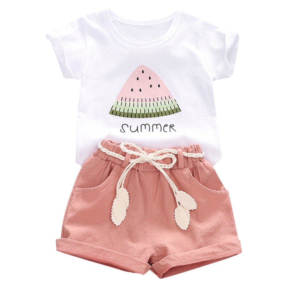 2021 New Summer Toddler Kids Baby Girl anguria lettera stampa top Shorts outfit Set abiti abbigliamento per bambini per ragazze: Colore rosa / 6-12 Months