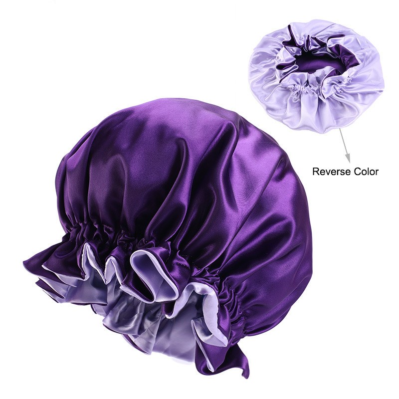 Ekstra stor satin silke motorhjelm sovekappe soild farve kemoterapi bruserhætter premium elastikbånd hatte satinhuer: Lilla