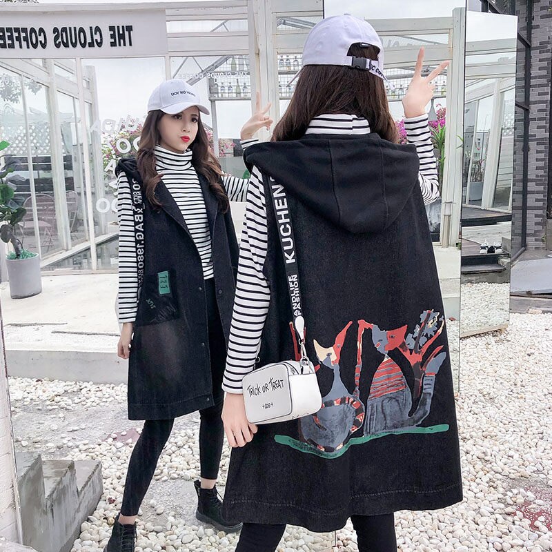 Chaleco vaquero largo de talla Extra grande para mujer, chaqueta holgada con capucha, abrigos sin mangas, ropa de calle para primavera, f532, novedad: M