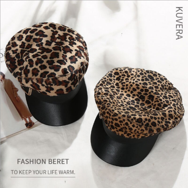 Style Leopard Print Hat Winter Cap Wool Hat Women Button Cap Casual Streetwear Fat Cap Autumn Berets Hat Cap