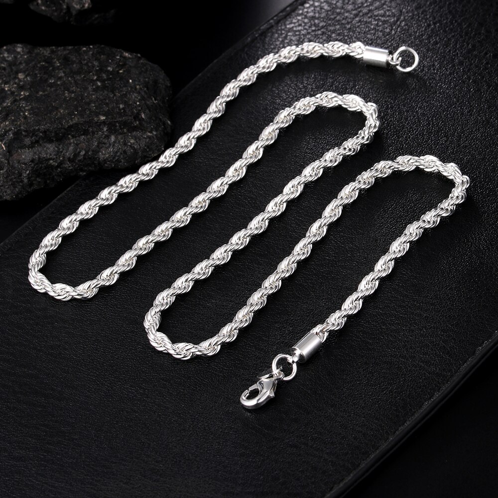 925 Sterling Zilver 4Mm Vrouwen Mannen Ketting Mannelijke Twisted Touw Ketting Armbanden Mode Zilveren Sieraden Set