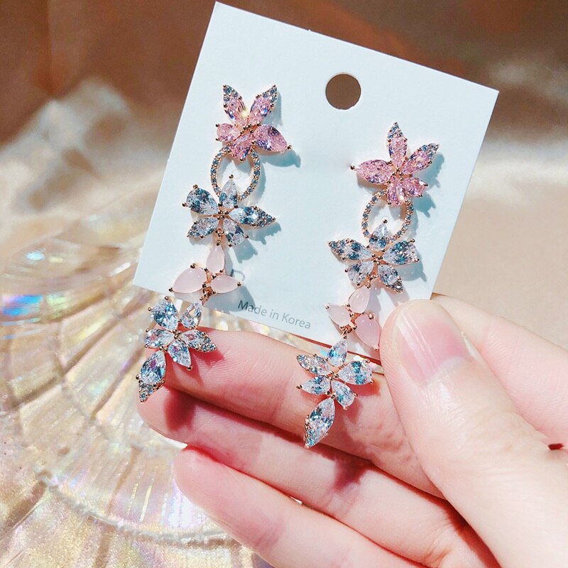Mengjiqiao koreansk lyserød blomst krystal bladdangle øreringe til kvinder piger udsagn temperament fest smykker