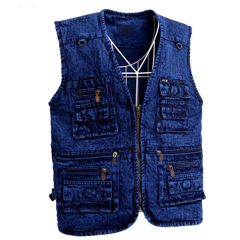 Men's Vest Outerwear Denim Waistcoat Deep Blue Color Plus Size Sleeveless Jacket Multi-pocket Size XL To 5XL Large