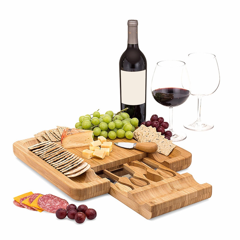 Bamboo Cheese Board with Cutlery Wood Charcuterie Platter Serving Meat Board with Slide-Out Drawer with 4 knife