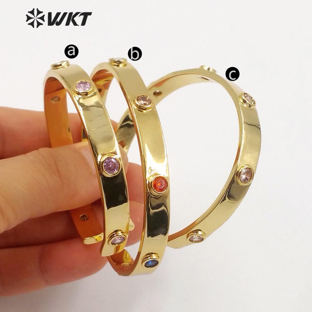 WKT Cuff Bracelet Women - Gold Color 7mm Wide - Round Cubic Zirconia - Engagement, Anniversary, Wedding, Party