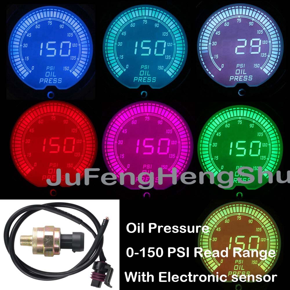52mm Car Gauge 12V Oil Temperature Water Temp Turbo Boost Volt fuel Pressure Auto Gauges 7 Color Light Digital Meter + Sensor: Oil Press gauge