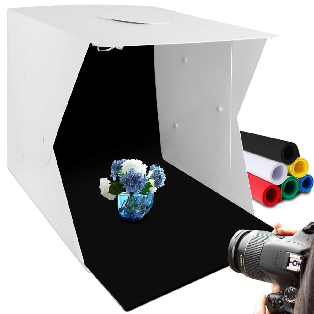 Mini mesa plegable portátil de 40cm, caja de estudio de fotografía, Softbox con 4 luces LED, agujero superior, kit de disparo, 6 colores de fondo