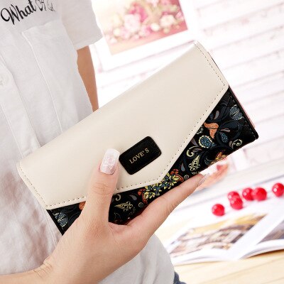 Envelope Women Wallet Hit Color 3Fold Flowers Printing PU Leather Wallet Long Ladies Clutch Coin Phone Purse: Black