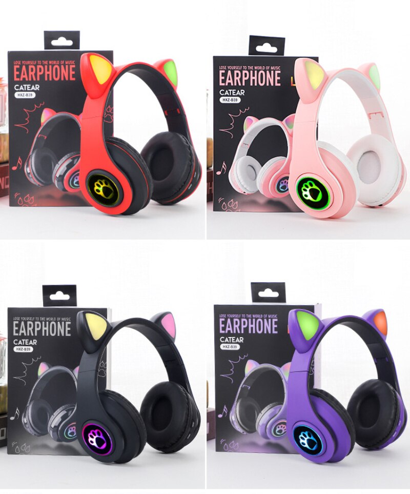 Flash Light Cute Cat Ears Bluetooth Wireless Headphone with Mic Can control LED Kid Girl Stereo Music Helmet Phone Headset