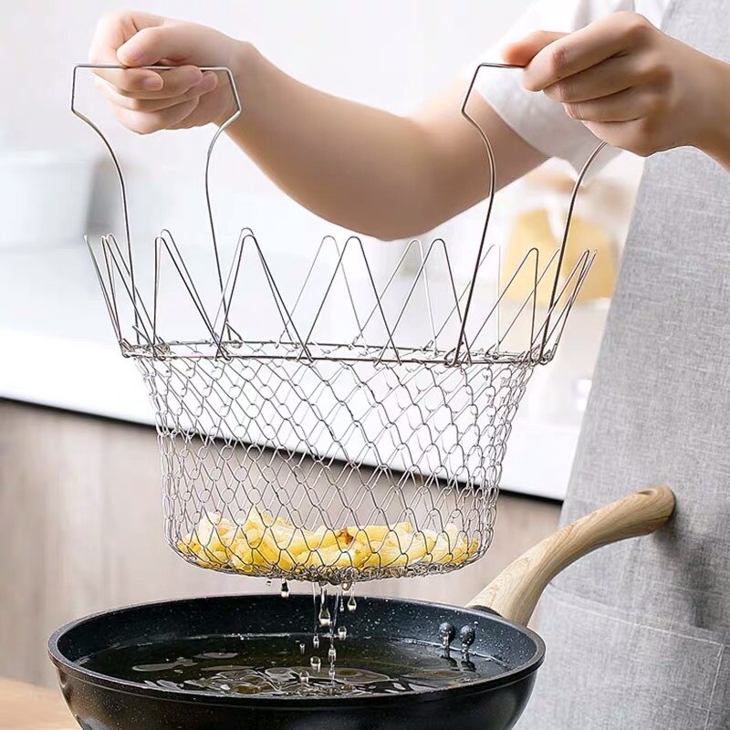 304 Stainless Steel Deep-fried Mesh Household French Fries Chicken Wings Telescopic Folding Round Water Drain Filter Mesh Sieve