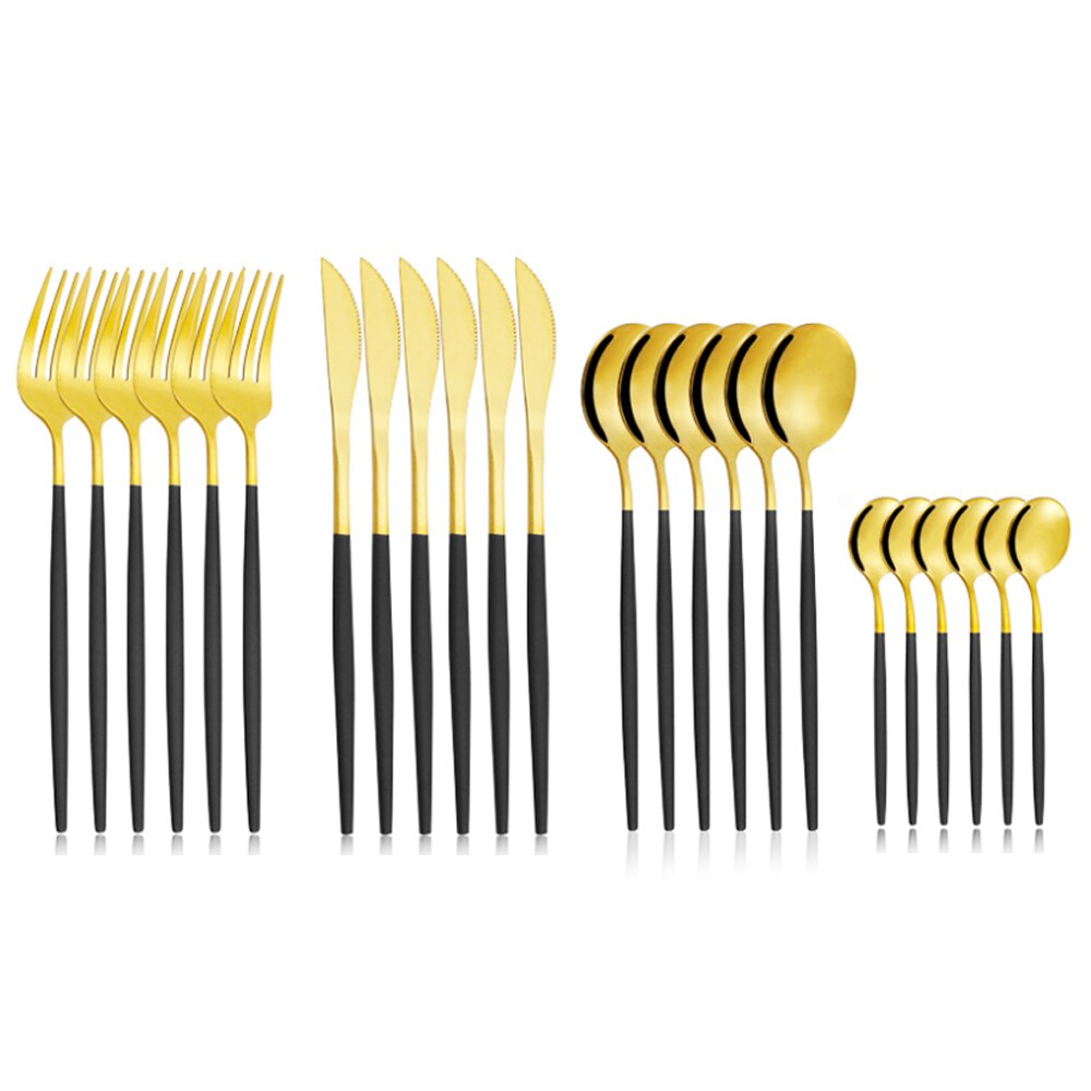24pcs Gold Dinnerware Set Stainless Steel Tableware Set Knife Fork Spoon Silverware Set Safe Cutlery Set kitchen accessories: black B without box