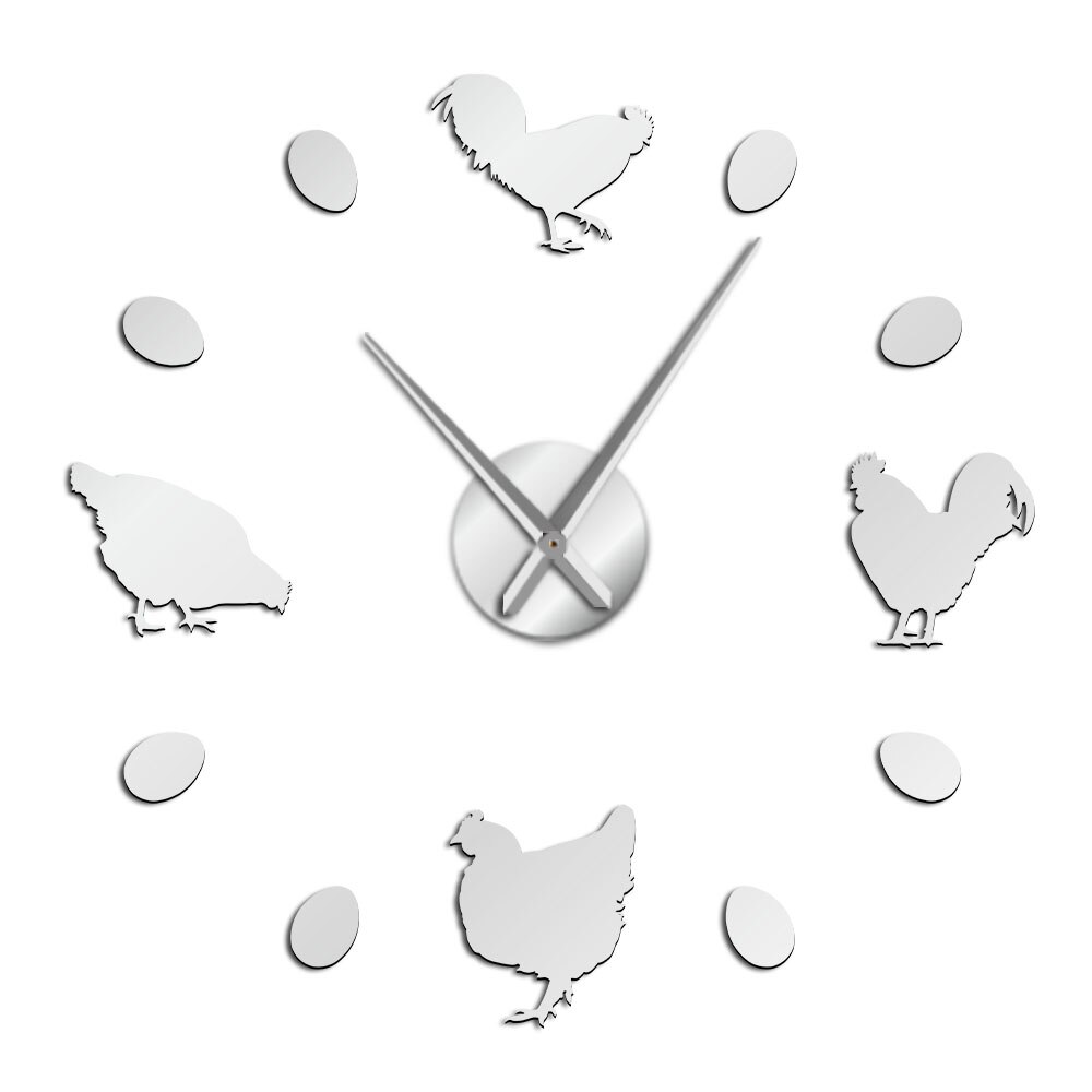 Frameless Farm Chicken And Fresh Farm Eggs DIY Giant Wall Clock Farmhouse Rustic Wall Decor Kitchen Wall Watch Mirror Stickers: Silver / 27inch