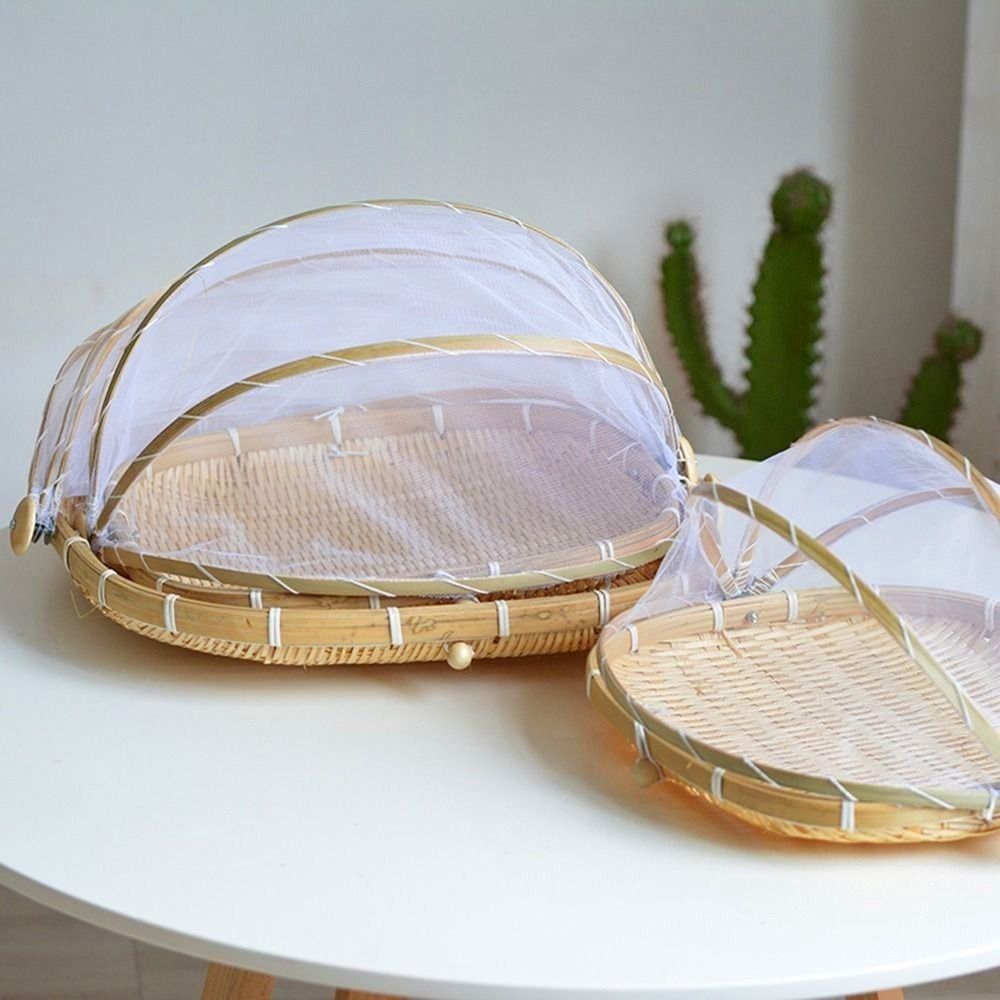 Bamboo Woven Basket Anti-Mosquito Net Fruit Vegetable Laundry Baskets Dustpan Tent Basket Tray Outdoor Picnic Mesh Net Cover