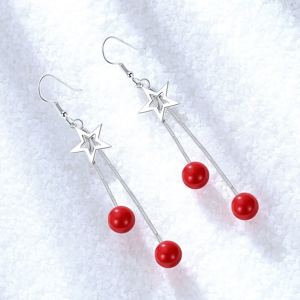 Star Pentagram Long Tassels Red Round Ball 925 Sterling Silver Earrings For Women Luxury Dangling Earrings Jewelry