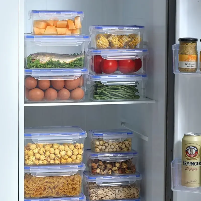 Caja de almacenamiento de refrigerador Rectangular sellada con tapa, fiambrera de plástico calentada por microondas con tapa