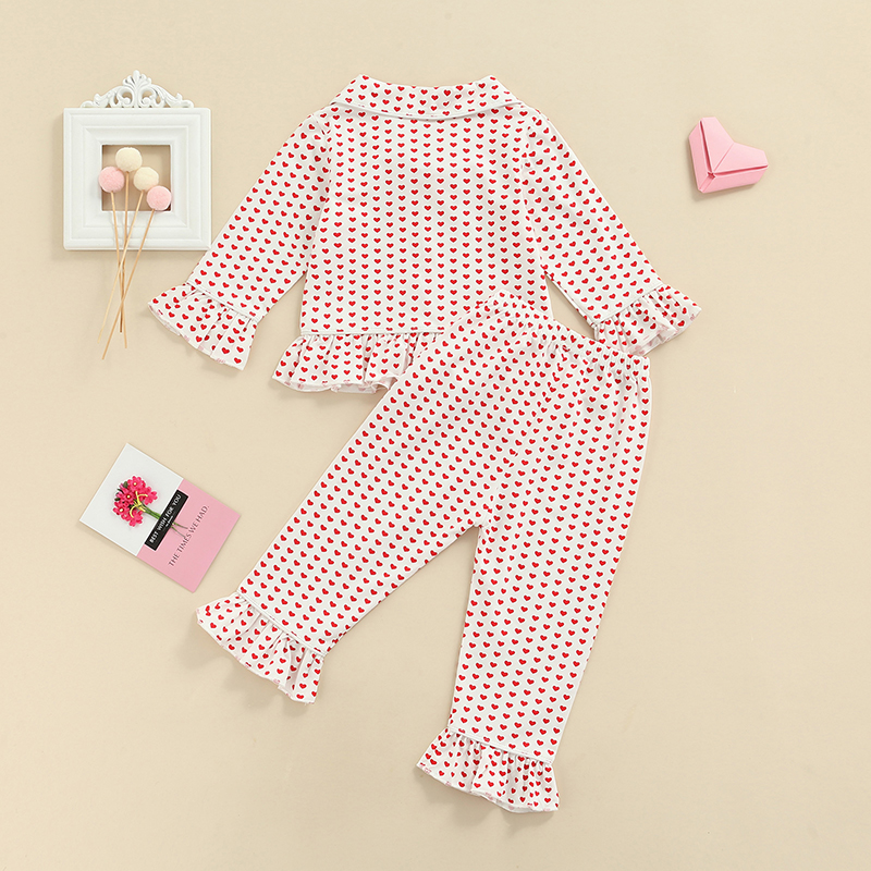 Ensemble pyjama pour bébé fille, chemise à manches longues et ourlet à volants à revers avec boutons + pantalon à taille élastique, vêtements de maison décontractés, costume 2 pièces, 18 mois à 6 ans
